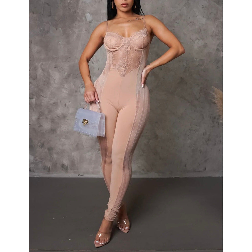 Mary Beige Jumpsuit Sexy -New - londonglamboutique