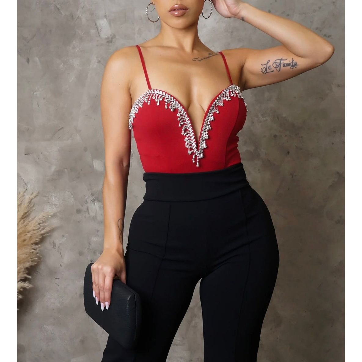 Ruby Bodysuit Top- New (Red) - London Glam Boutique